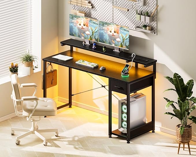 AODK Gaming Desk with LED Lights & Power Outlet, 55 Inch Computer Desk with Drawer, Reversible Desk with Adjustable Monitor Shelf & Headphone Hook for Home Office, Black - LeafyLoom