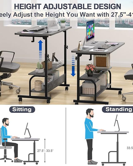 Height Adjustable Standing Desk with Power Outlets, 32" Manual Stand Up Desk with Storage Shelves Small Mobile Rolling Computer Desk Portable Laptop Table with Wheels for Home Office, Grey Oak - LeafyLoom