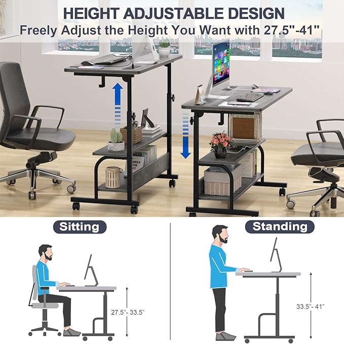 Height Adjustable Standing Desk with Power Outlets, 32" Manual Stand Up Desk with Storage Shelves Small Mobile Rolling Computer Desk Portable Laptop Table with Wheels for Home Office, Grey Oak - LeafyLoom