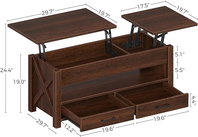 Seventable Coffee Table, 47.2" Lift Top Coffee Table with 2 Storage Drawers and Hidden Compartment, Farmhouse Center Table with Wooden Lift Tabletop, for Living Room,Espresso - LeafyLoom