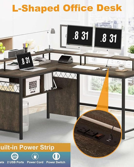 Industrial Home Office Desk with Storage, L Shaped Desk with Power Outlet, Reversible Computer Desk with Monitor Stand, Corner Gaming Desk with Led Lights (Walnut Brown) - LeafyLoom