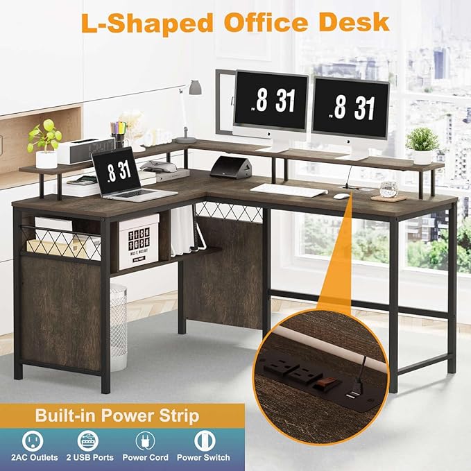 Industrial Home Office Desk with Storage, L Shaped Desk with Power Outlet, Reversible Computer Desk with Monitor Stand, Corner Gaming Desk with Led Lights (Walnut Brown) - LeafyLoom