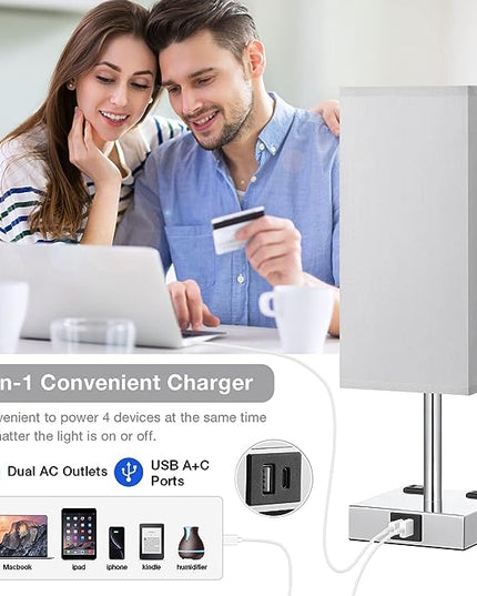 【Upgraded】Bedside Table Lamp Touch Control, with USB C+A Charging Ports & Dual AC Outlets, 3-Way Nightstand Lamp for Bedroom with LampShade Living Room Office(LED Dimmable Bulb Included) - LeafyLoom