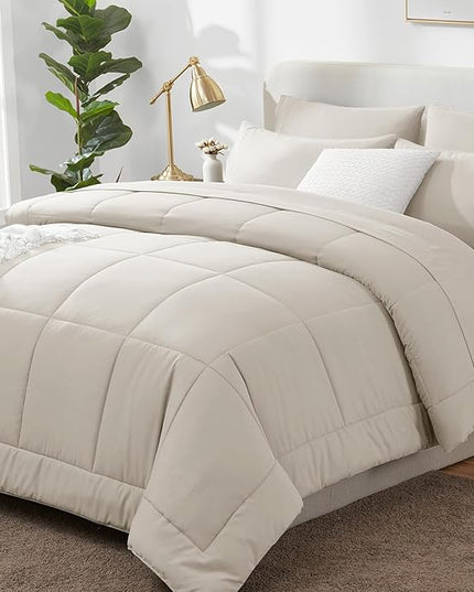CozyLux King Size Comforter Sets - 7 Pieces Bed in a Bag Set Beige, Bedding Sets King with All Season Quilted Comforter, Flat Sheet, Fitted Sheet, Pillowcases, Beige, King - LeafyLoom