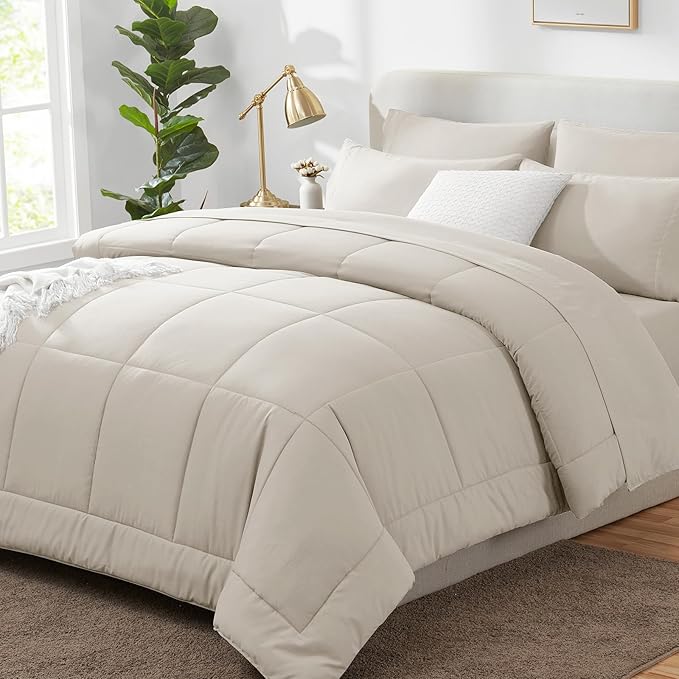 CozyLux King Size Comforter Sets - 7 Pieces Bed in a Bag Set Beige, Bedding Sets King with All Season Quilted Comforter, Flat Sheet, Fitted Sheet, Pillowcases, Beige, King - LeafyLoom
