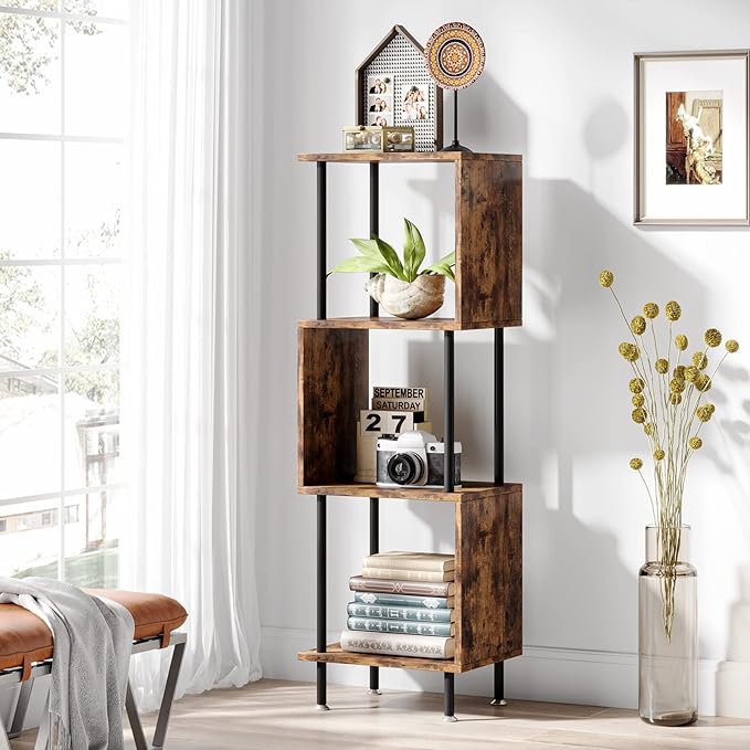 4 Tier Modern Bookshelf, S-Shaped Bookcase,Small Book Shelf for Small Spaces, Unique Bookshelf for Storage Organizer Living Room Bedroom Home Office, Brown - LeafyLoom