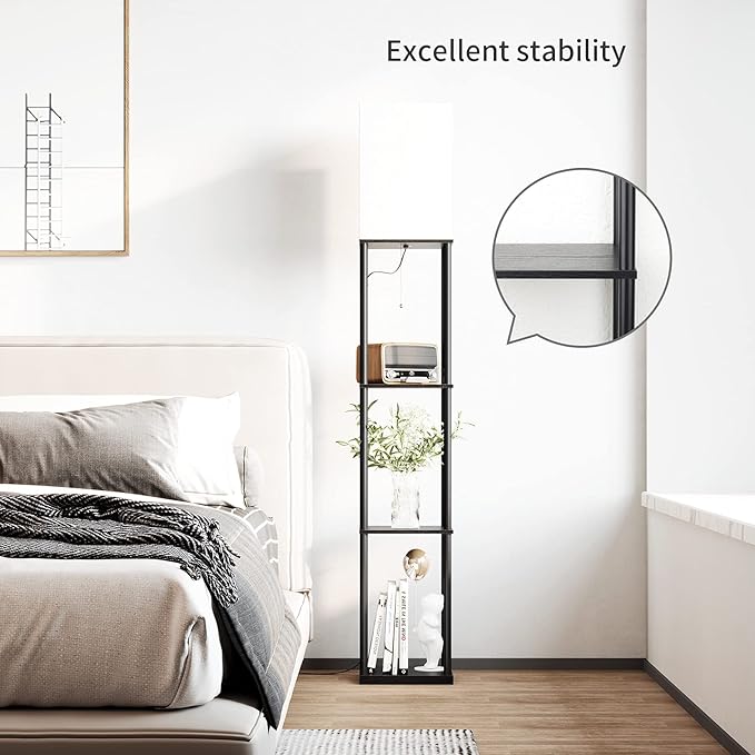 SUNMORY Floor Lamp with Shelves, Modern Square Standing Lamp with 3 Color Temperature Bulb, Corner Display Bookshelf Lamp for Living Room and Bedroom(Black) - LeafyLoom