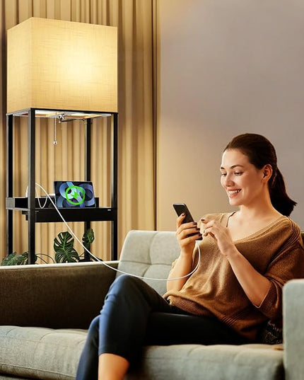 Dott Arts Floor Lamp with Shelves, wide Shelf Lamp with Wireless Charger & USB A+C Ports & 2 AC Outlets,3 Color Temperature Corner Tall Standing Floor Lamps for Living Room, Bedroom, Office (Black) - LeafyLoom
