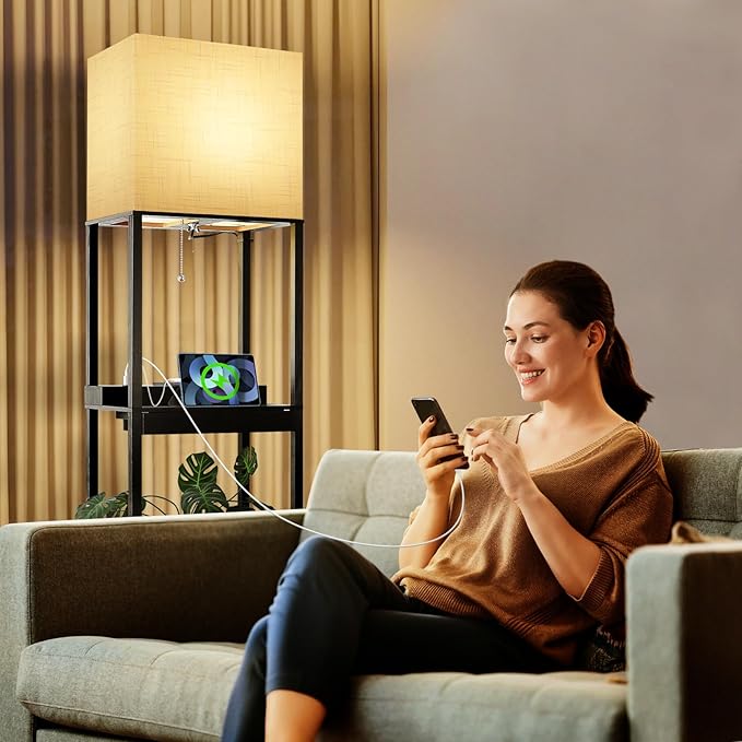 Dott Arts Floor Lamp with Shelves, wide Shelf Lamp with Wireless Charger & USB A+C Ports & 2 AC Outlets,3 Color Temperature Corner Tall Standing Floor Lamps for Living Room, Bedroom, Office (Black) - LeafyLoom