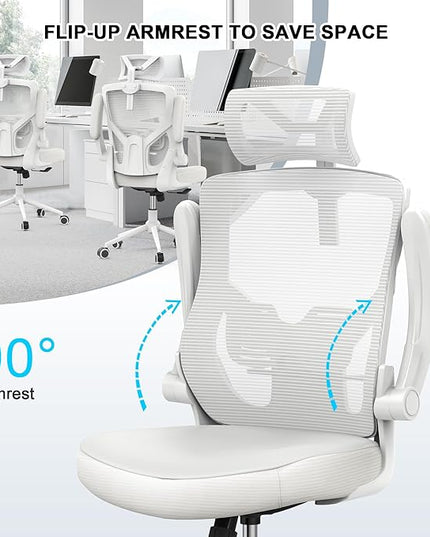𝑯𝑶𝑴𝑬 𝑶𝑭𝑭𝑰𝑪𝑬 𝑪𝑯𝑨𝑰𝑹, Ergonomic Mesh Desk Chair, High Back Computer Chair- Adjustable Headrest with Flip-Up Arms, Lumbar Support, Swivel Executive Task Chair (Modern, White) - LeafyLoom