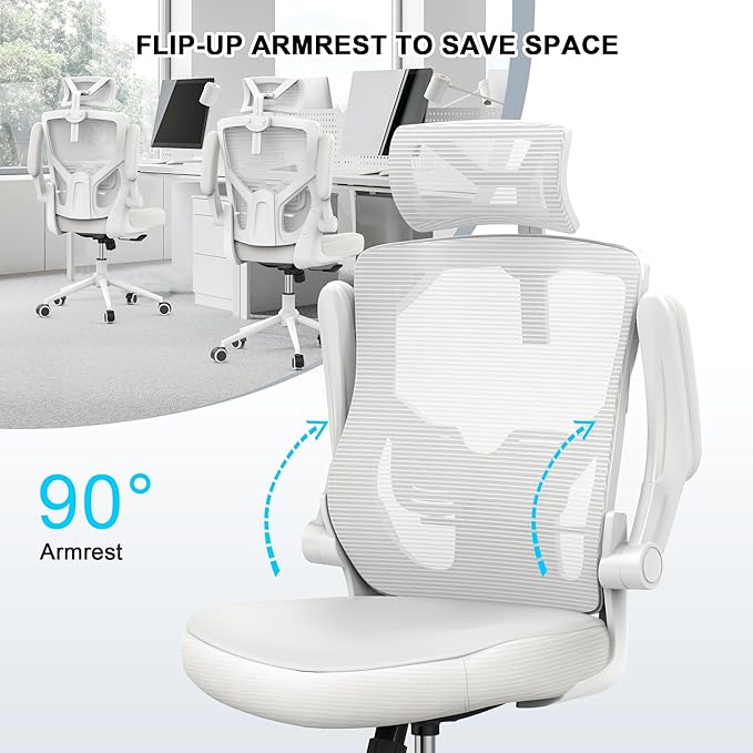 𝑯𝑶𝑴𝑬 𝑶𝑭𝑭𝑰𝑪𝑬 𝑪𝑯𝑨𝑰𝑹, Ergonomic Mesh Desk Chair, High Back Computer Chair- Adjustable Headrest with Flip-Up Arms, Lumbar Support, Swivel Executive Task Chair (Modern, White) - LeafyLoom