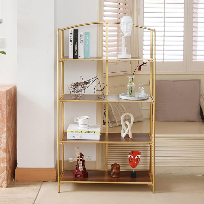 No Assembly Folding Bookshelf, 4 Tier Gold Bookshelf, Metal Book Shelf for Storage, Folding Bookcase for Office Organization and Storage, 12.87" D x 30.9" W x 55.71" H - LeafyLoom