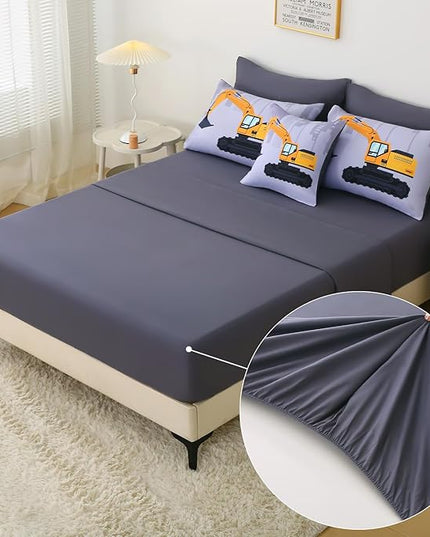 JQinHome Construction Twin Bedding Sets for Boys Kids,6 Piece Bed in A Bag 3D Cartoon Car Excavator Tractor Comforter Set with Sheet Set,Trucks Cars - LeafyLoom