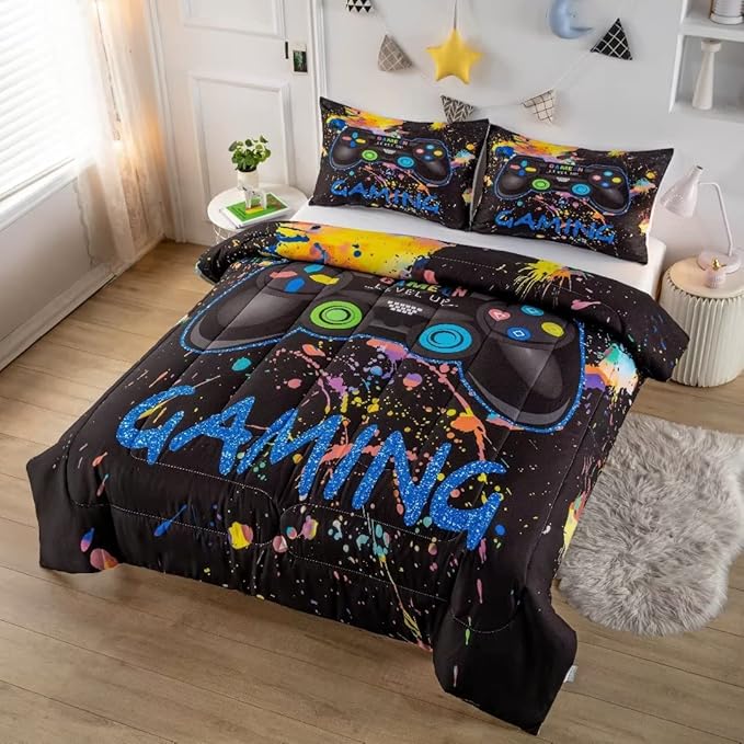 Gamer Comforter Sets for Teen Boys,Gaming Bedding Sets Full,Video Game Bedspread,Game Gamepad Bed Set,Controller Bedding Gamer Home Decor 3 Piece 1 Comforter and 2 Pillowcases - LeafyLoom