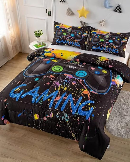 Gamer Comforter Sets for Teen Boys,Gaming Bedding Sets Twin,Video Game Bedspread,Game Gamepad Bed Set,Controller Bedding Gamer Home Decor 3 Piece 1 Comforter and 2 Pillowcases - LeafyLoom