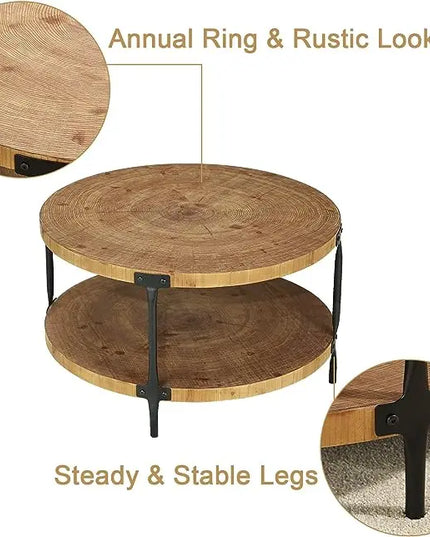 Round Boho Wood Coffee Table - 29.1" Farmhouse Natural Circle Wooden 2-Tier Coffee Tables Living Room Furniture, Natural Wood Color, 29.1" D x 18.3" H - LeafyLoom
