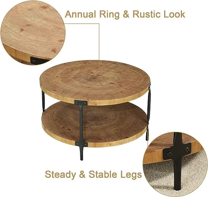 Round Boho Wood Coffee Table - 29.1" Farmhouse Natural Circle Wooden 2-Tier Coffee Tables Living Room Furniture, Natural Wood Color, 29.1" D x 18.3" H - LeafyLoom