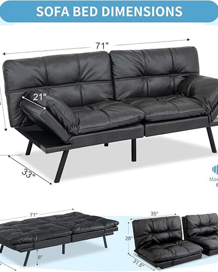 MUUEGM Futon Sofa Bed,Memory Foam Sofa Futon Couch Bed,Convertible 71" Couch Sofa,Faux Leather Sleeper Sofa with Adjustable Backrest for Living Room,Matte Black - LeafyLoom