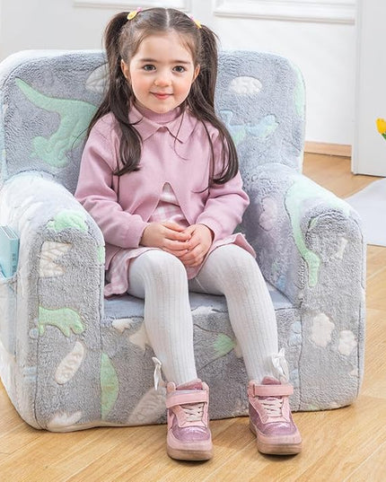 Snuggly-Soft Cuddly Toddler Plush Armchair for Boys and Girls Glowing Grey Fuzzy Plush Kids Sofa Couch Reading Chair with Children Friendly Handle for Easy Movement & Double Pockets for Storage - LeafyLoom