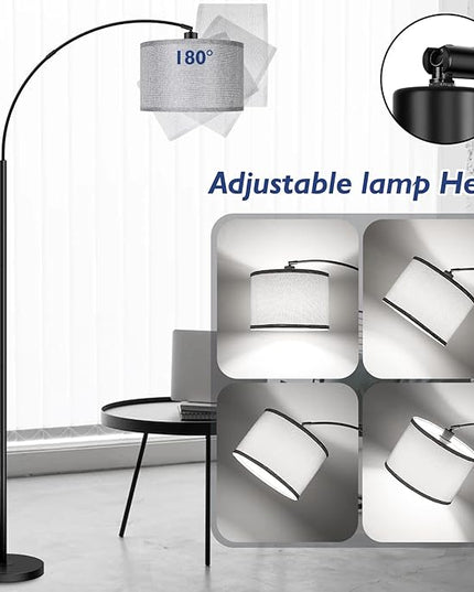 Arc Floor Lamps for Living Room, Modern Remote Control Standing Lamp with Stepless Dimmable, Black Tall Lamp with Gary Drum Shade, Over Couch Arched Reading Light for Bedroom, Office(Bulb Included) - LeafyLoom