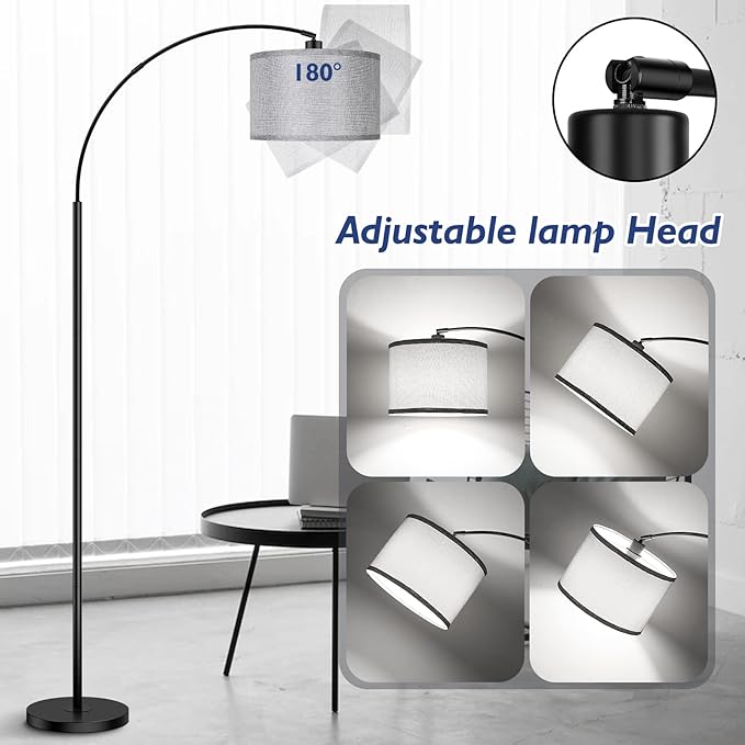 Arc Floor Lamps for Living Room, Modern Remote Control Standing Lamp with Stepless Dimmable, Black Tall Lamp with Gary Drum Shade, Over Couch Arched Reading Light for Bedroom, Office(Bulb Included) - LeafyLoom