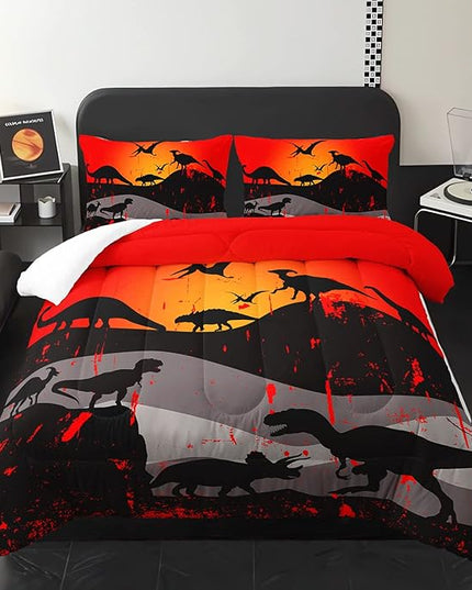 Cartoon Dinosaur Comforter Set Twin 3Pc Kawaii Dinosaur Bedding Set All Season with Tree, Leaf Decoration includes 1 Comforter, 2 Pillowcases for Kids Girls Teens - LeafyLoom