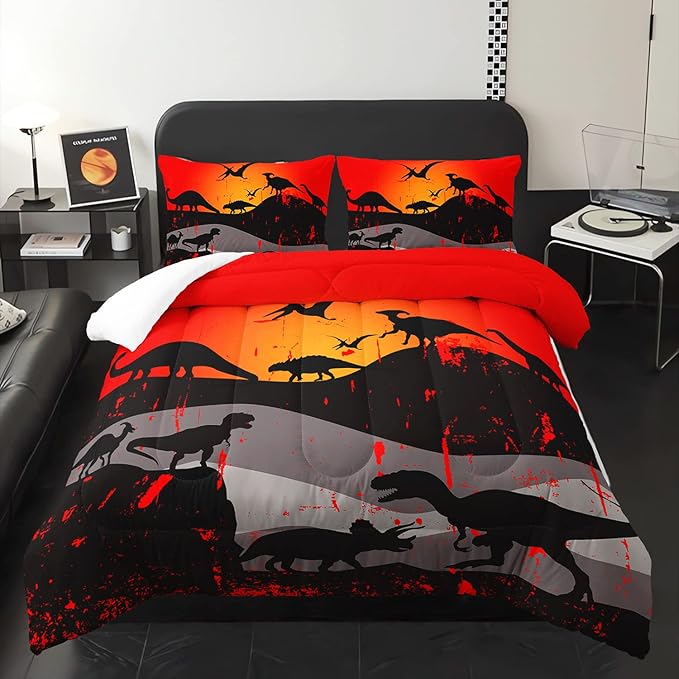 Cartoon Dinosaur Comforter Set Twin 3Pc Kawaii Dinosaur Bedding Set All Season with Tree, Leaf Decoration includes 1 Comforter, 2 Pillowcases for Kids Girls Teens - LeafyLoom