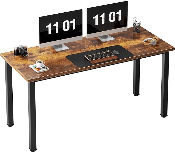 Need 55 Inch Large Computer Desk - Modern Simple Style Home Office Gaming Desk, Basic Writing Table for Study Student, Black Metal Frame, Rustic Brown - LeafyLoom