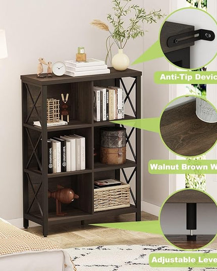 FATORRI 6 Cube Storage Organizer Shelf, Rustic Wood and Metal Cubby Bookcase, Industrial 4 Tier Cube Bookshelf (Walnut Brown) - LeafyLoom