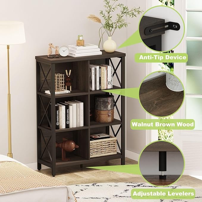 FATORRI 6 Cube Storage Organizer Shelf, Rustic Wood and Metal Cubby Bookcase, Industrial 4 Tier Cube Bookshelf (Walnut Brown) - LeafyLoom