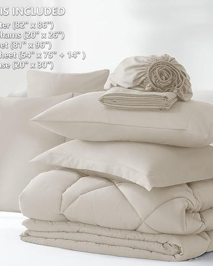 CozyLux Full Comforter Set with Sheets 7 Pieces Bed in a Bag Beige All Season Bedding Sets with Comforter, Pillow Shams, Flat Sheet, Fitted Sheet and Pillowcases - LeafyLoom