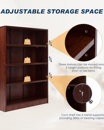 Farini Cherry Bookshelf for Bedroom 4 Shelf Office Bookcase 48 Inches Tall Modern Wood Bookshelf for Living Room 4 Tier Wide Manga Bookshelf Library Bookcase - LeafyLoom