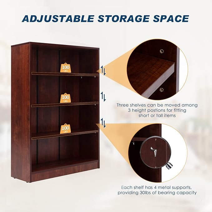 Farini Cherry Bookshelf for Bedroom 4 Shelf Office Bookcase 48 Inches Tall Modern Wood Bookshelf for Living Room 4 Tier Wide Manga Bookshelf Library Bookcase - LeafyLoom