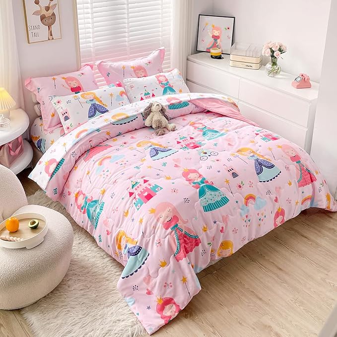 Wajade Kids Pink Princess Comforter Set Bed in a Bag Twin Size 7 Piece Princess Fairy Tales Castle Bedding Set for Girls (1 Comforter, 1 Flat Sheet, 1 Fitted Sheet, 2 Pillowcase and 2 Pillow Sham) - LeafyLoom