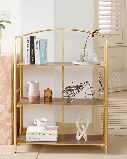 No Assembly Folding Bookshelf, 3 Tier Gold Bookshelf, Metal Book Shelf for Storage, Folding Bookcase for Office Organization and Storage, 12.87" D x 30.9" W x 42.33" H - LeafyLoom