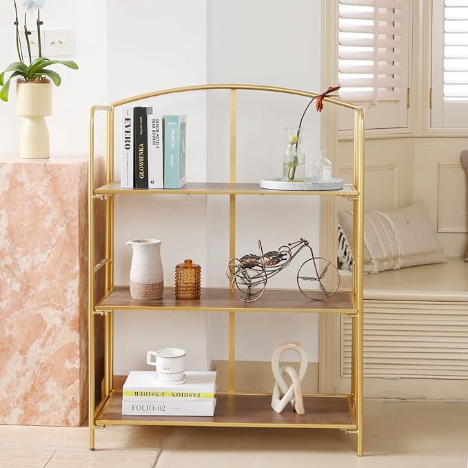 No Assembly Folding Bookshelf, 3 Tier Gold Bookshelf, Metal Book Shelf for Storage, Folding Bookcase for Office Organization and Storage, 12.87" D x 30.9" W x 42.33" H - LeafyLoom