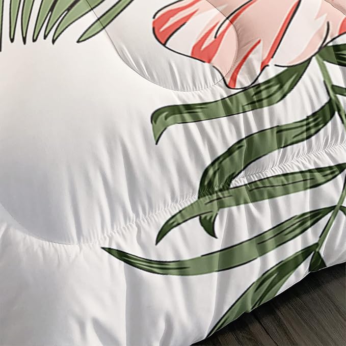 Flamingo Comforter Set Twin Size Tropical Flamingo Palm Tree Leaf Pattern Bedding Set Flower Quilted Duvet for Kids Girls Boys Adult with 1 Comforter and 2 Pillowcases - LeafyLoom