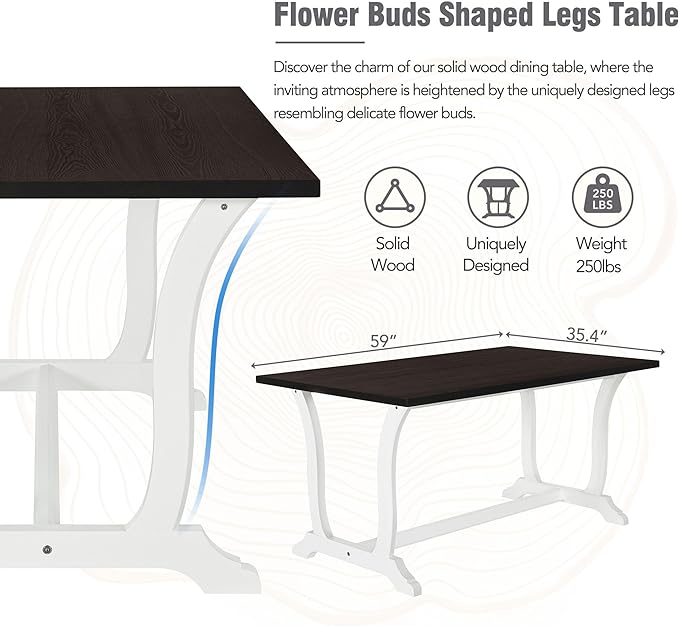Dining Table Set for 6, Farmhouse 6-Piece Trestle Dining Room Table Set with Upholstered Dining Chairs and Bench, Kitchen Table Set for Dining Room, White - LeafyLoom