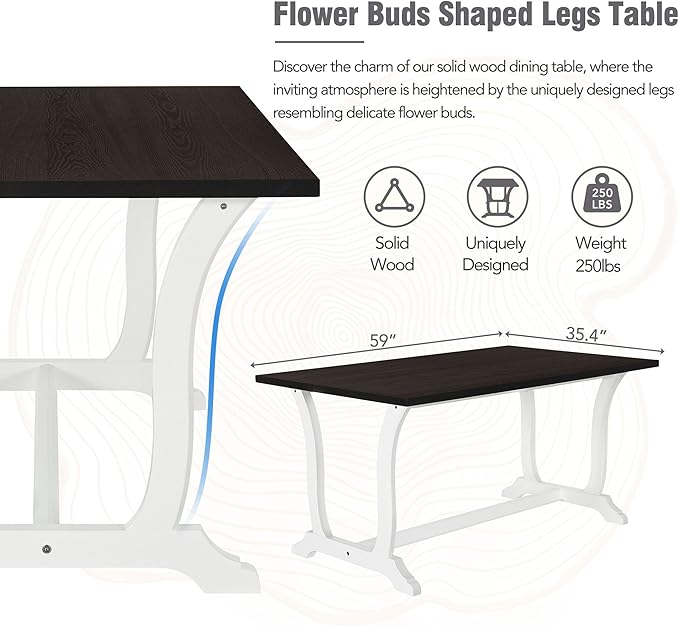 6-Piece Wood Rectangular Dining Table Set with 4 Upholstered Arched Back Chairs and Bench, for Kitchen, Living Room, Farmhouse, Dark Walnut+White, 59" L x 35.4" W x 30" H - LeafyLoom
