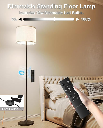 LED Floor Lamp for Living Room,Dimmable Standing Lamps with Lampshade and LED Bulb,Custom Color Temperature Tall Lamp for Bedroom with Foot Switch and Remote,Black Pole Lamp for Kid Room - LeafyLoom