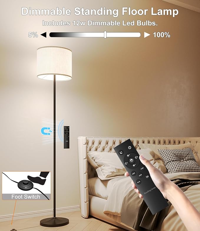 LED Floor Lamp for Living Room,Dimmable Standing Lamps with Lampshade and LED Bulb,Custom Color Temperature Tall Lamp for Bedroom with Foot Switch and Remote,Black Pole Lamp for Kid Room - LeafyLoom