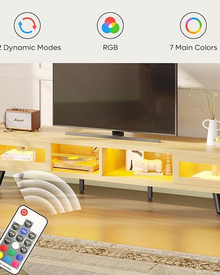 Bestier Mid Century Modern TV Stand for 75 inch TV, LED Entertainment Center with Storage and Sliding Doors, Low Profile TV Consoles for Living Room, White Maple - LeafyLoom