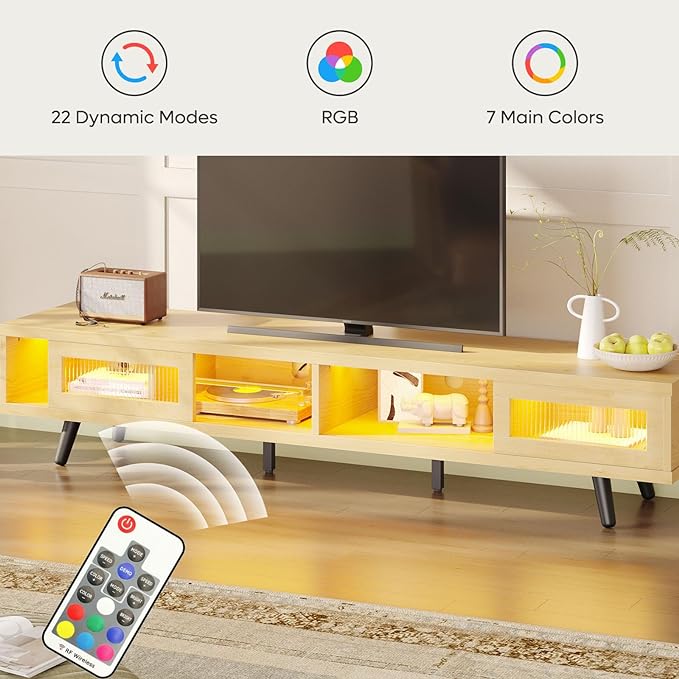 Bestier Mid Century Modern TV Stand for 75 inch TV, LED Entertainment Center with Storage and Sliding Doors, Low Profile TV Consoles for Living Room, White Maple - LeafyLoom