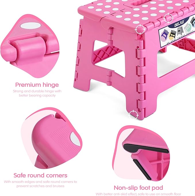 Delxo 9” Folding Step Stool in Pink,1 Pack Premium Heavy Duty Foldable Stool for Kids,Portable Collapsible Plastic Step Stool,Non Slip Folding Stools for Kitchen Bathroom Bedroom - LeafyLoom