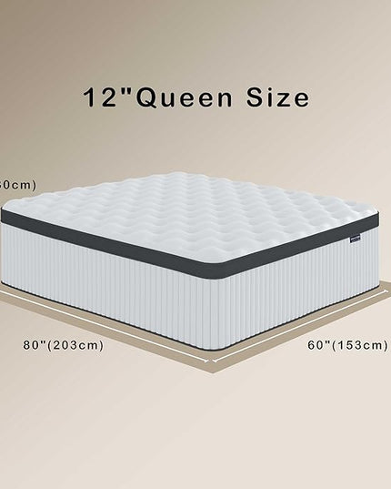 Queen Mattress, 12 Inch Innerspring Hybrid Mattress in a Box with Gel Memory Foam, Individually Wrapped Encased Coil Pocket Spring Mattress, Pressure Relief, Medium Firm Support, 60"*80"*12" - LeafyLoom