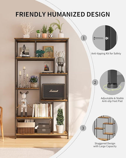 Gizoon 71” Industrial Bookshelves for Storage, Tall Display Etagere 8-Shelves for Bedroom, Metal Frame Staggered Bookcases for Bedroom, Living Room, Home Office, Retro - LeafyLoom