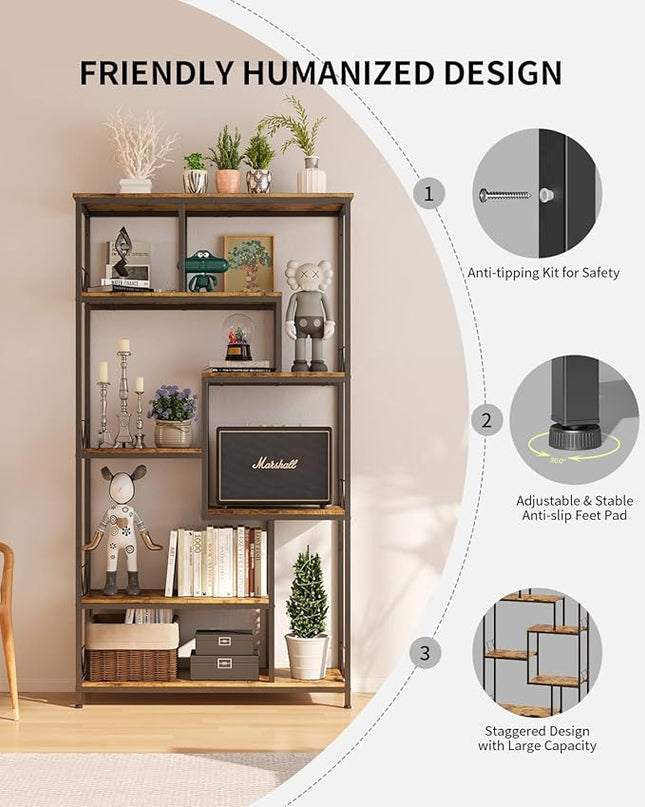 Gizoon 71” Industrial Bookshelves for Storage, Tall Display Etagere 8-Shelves for Bedroom, Metal Frame Staggered Bookcases for Bedroom, Living Room, Home Office, Retro - LeafyLoom