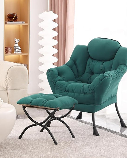 Lazy Chair with Ottoman, Modern Accent Chair Contemporary Lounge Leisure Upholstered Sofa Chair Set with Armrests, Reading Chair for Living Room, Bedroom, Office, Dark Green - LeafyLoom