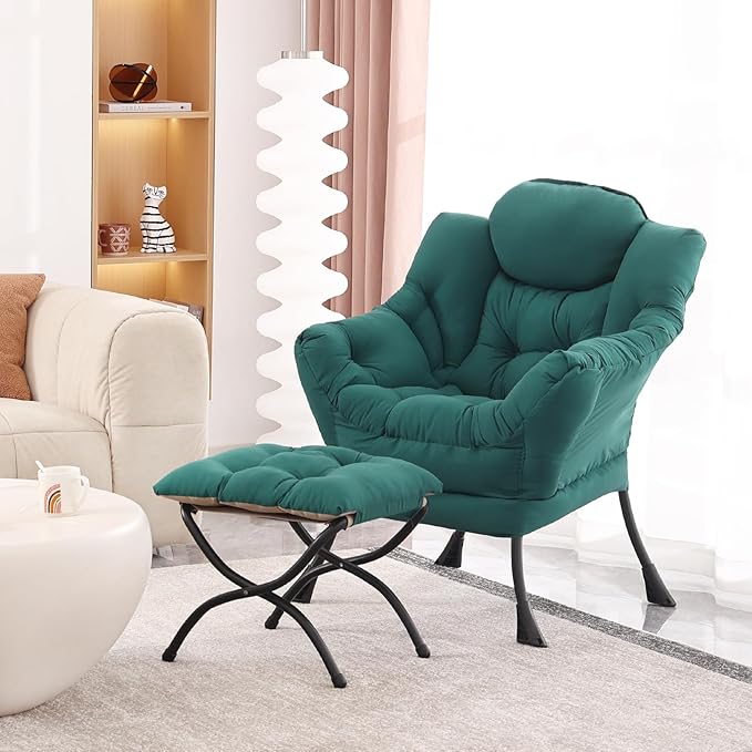 Lazy Chair with Ottoman, Modern Accent Chair Contemporary Lounge Leisure Upholstered Sofa Chair Set with Armrests, Reading Chair for Living Room, Bedroom, Office, Dark Green - LeafyLoom