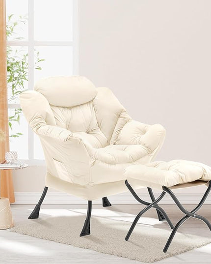Lazy Chair with Folding Ottoman, Accent Chair Velvet Upholstered with Metal Structure and Non-Slip Pads, Sofa Armchair with Footrest and Side Storage Bag for Dorm, Room, Office, Beige - LeafyLoom